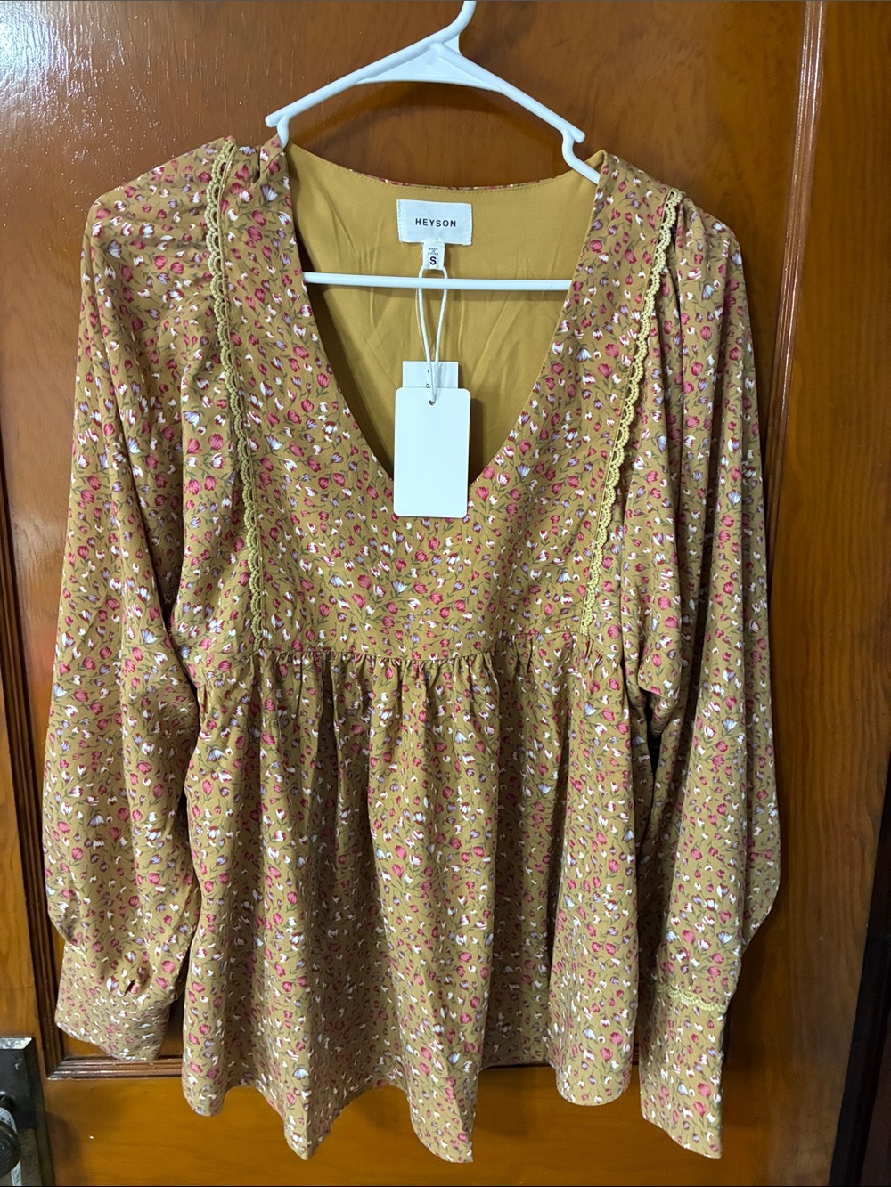 #40 - NWT Heyson Floral Peasant Blouse in Mustard with Pink Accents